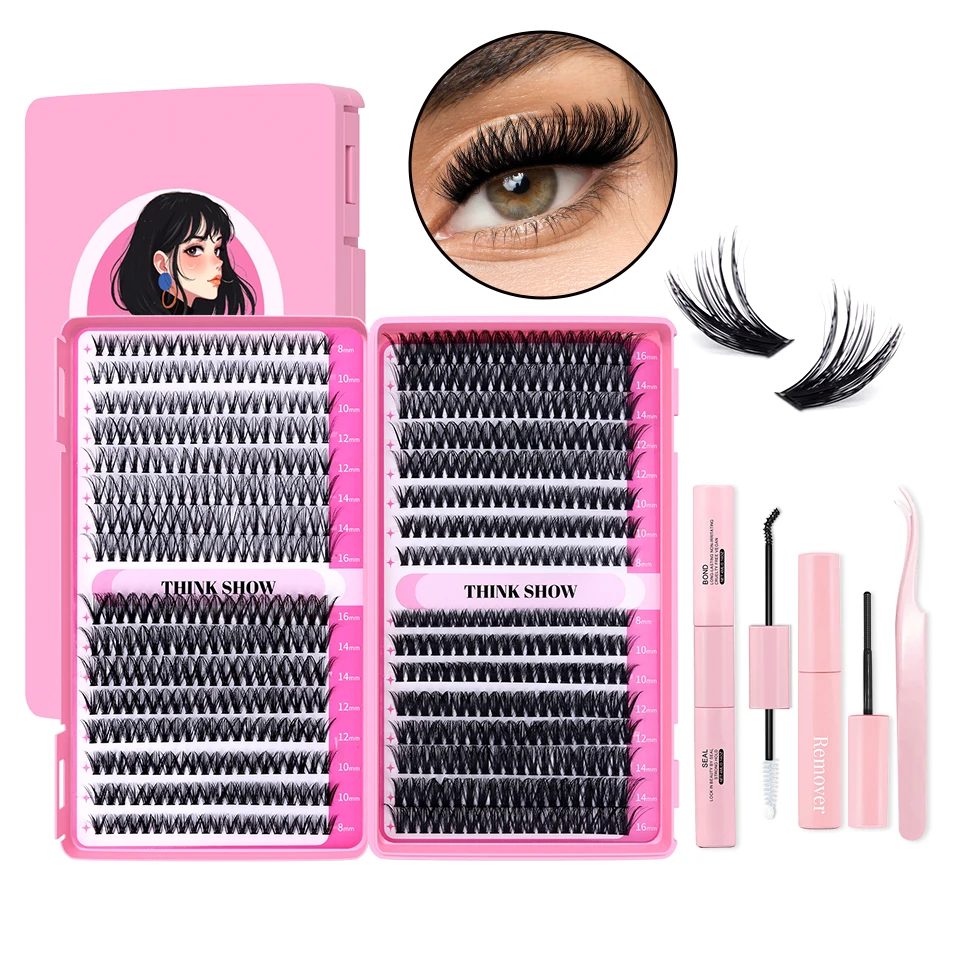 Kit de extensión de pestañas de 640 piezas 304050 D Lash Clusters D Curl Kit de pestañas individuales de 8-16 mm con unión y sello, pinzas y cepillo