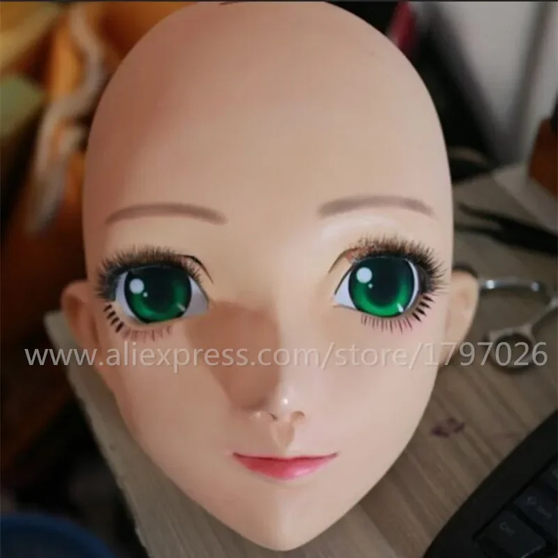 Kigurumi Face Cosplay Silicone Half Head Mask Green Eyes Japanese Anime Role Kigurumi Mask Handemade