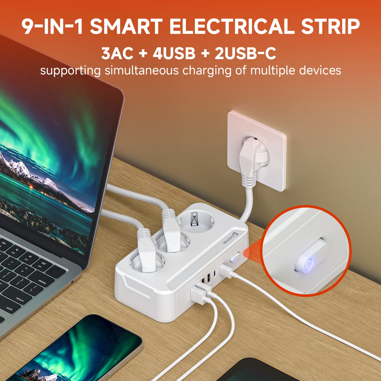 1.8M EU Plug AC Outlets Multitap Socket Extension Cord Electrical Power Strip With USB Type C Fast Charge Network Filter Adapter