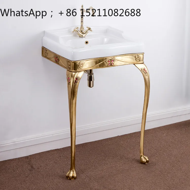 SCY bathroom retro light luxury British style brass cat claw ceramic bracket basin marble basin hand-carved