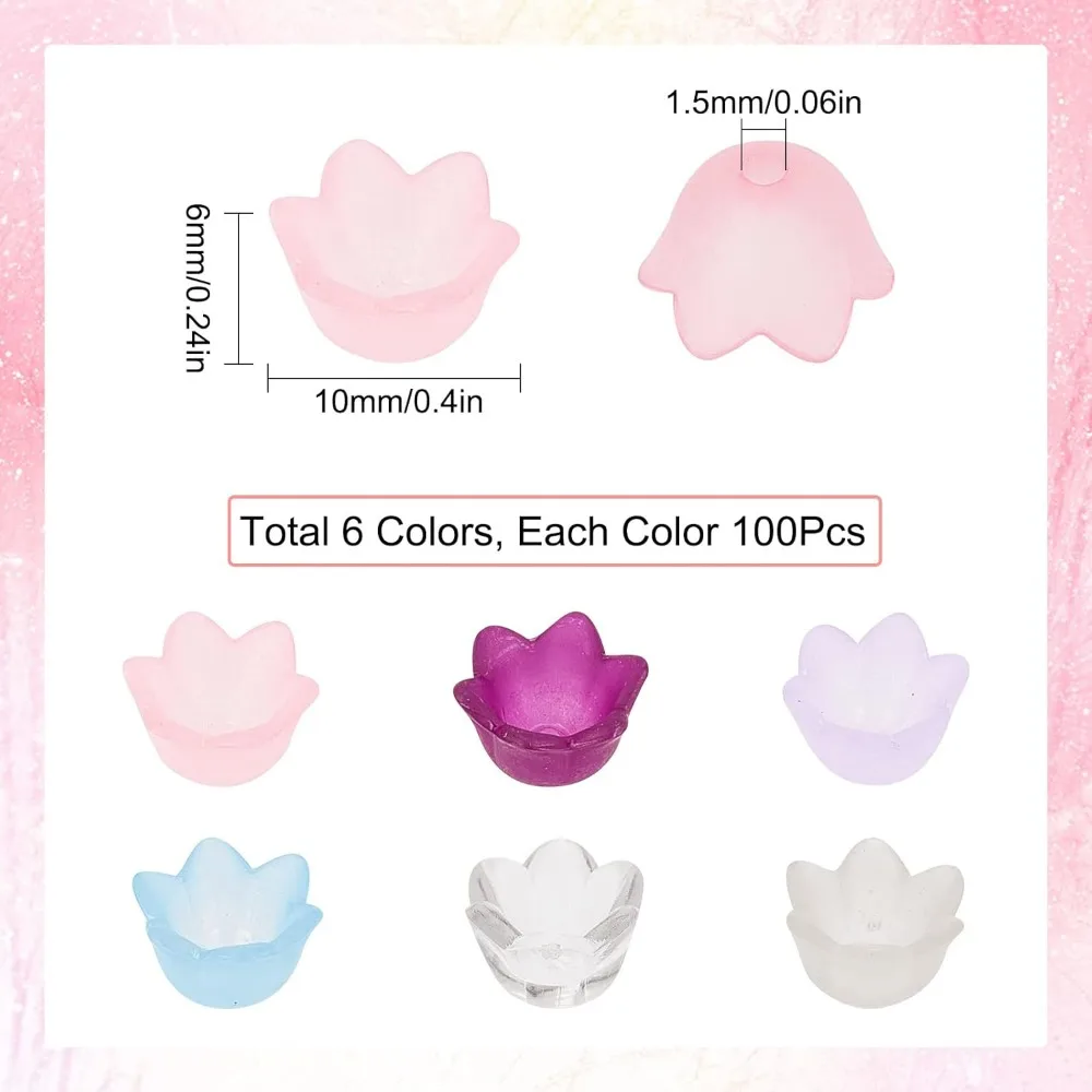 1 Box 600Pcs 6 Colors Acrylic Bead Caps Flower Bead Cap Flower Beads Acrylic Frosted Bell Tulip Flowers Lily Beads making kit