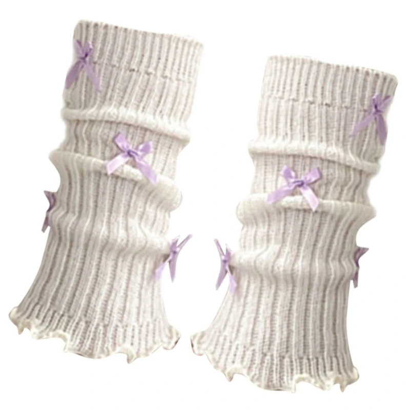 Women Ballet Ribbed Knit Leg Warmer Bows Footless Socks Ruffled Leg Cover