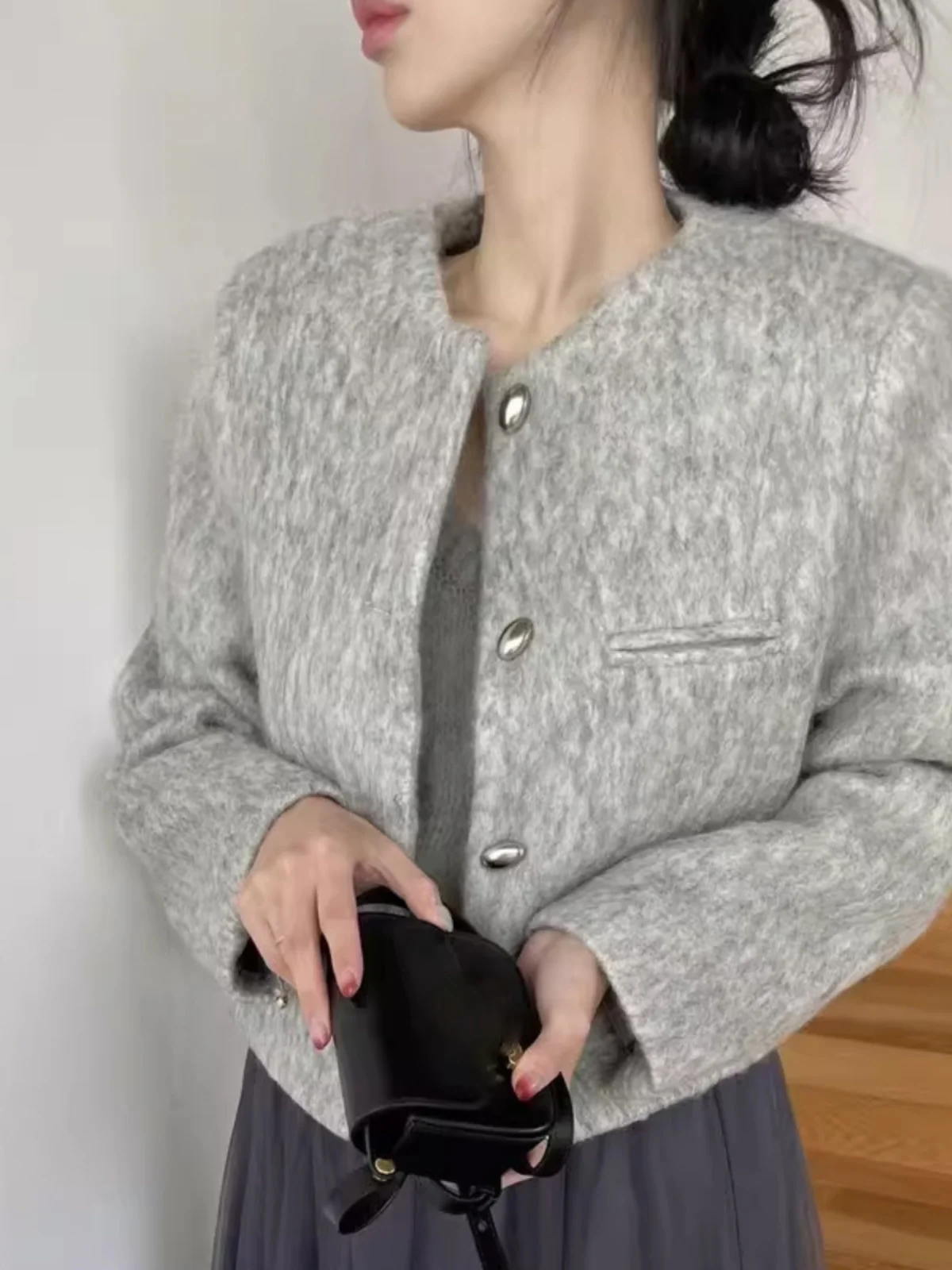 

Весна 2024, женское шерстяное пальто, круглое, Ne ort Design Sense, длинное твидовое пальто на одной пуговице, корейское твидовое пальто для поездок на работу