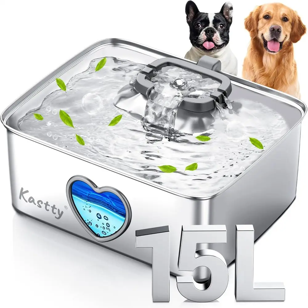 

15L Stainless Steel Automatic Pet Water Dispenser with 5-Stage Filtration, Dual LED, and Visual Indicator for Large Dogs