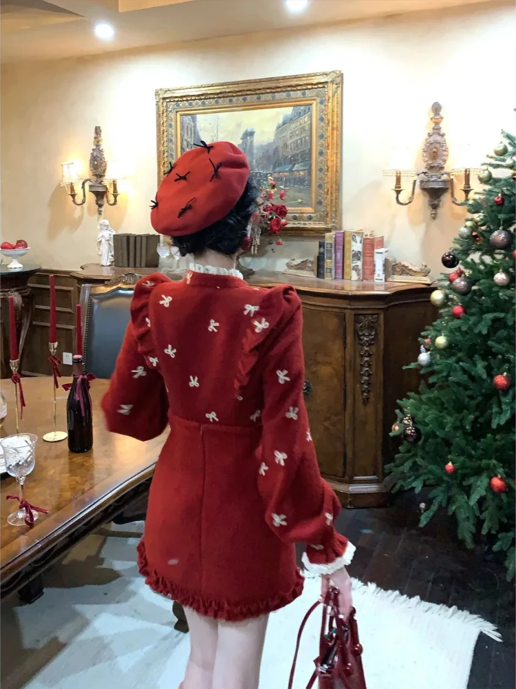 الفرنسية أنيقة الرجعية الأحمر 2 قطعة مجموعات النساء صالح شيك القوس سترة + تنورة صغيرة الشتاء خمر الحلو عيد الميلاد موضة وتتسابق 2025 #6