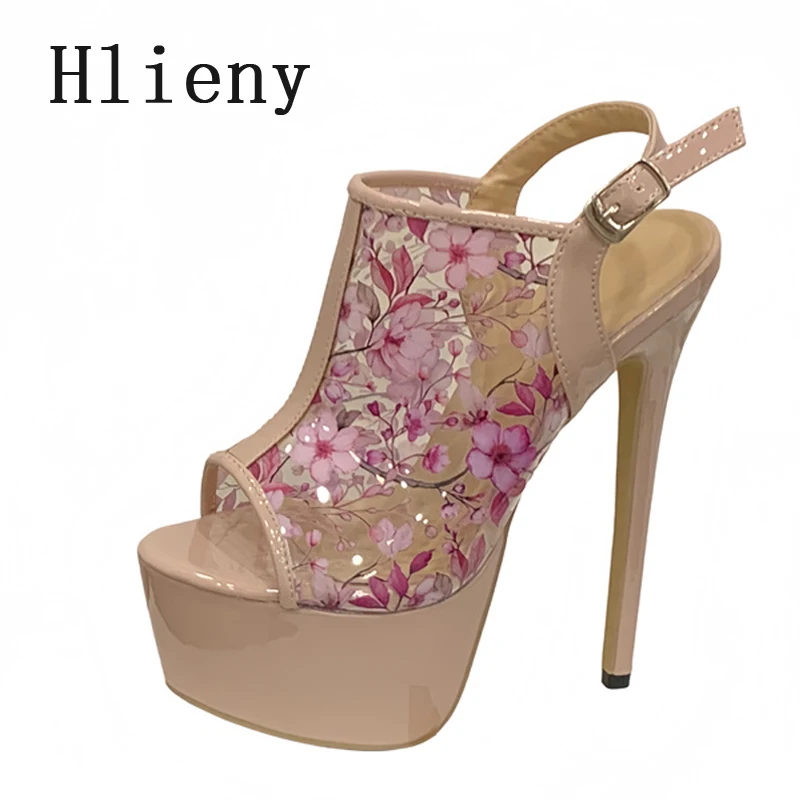 

Hlieny уличный стиль, сандалии на платформе с цветочным принтом и открытым носком, женские пикантные туфли на высоком каблуке-шпильке с пряжкой и ремешком для ночного клуба