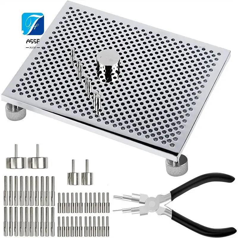 

Набор инструментов для изготовления ювелирных изделий A55F, металлическая перфорированная доска с приспособлением для гибки, плоскогубцы и штифты для изготовления держателей, S-образных крючков, ушковидных крючков.