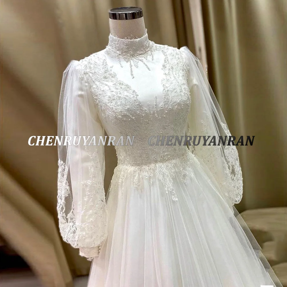 Muslim Wedding Party Gown Lace Applique A-Line Long Wedding Dresses For Women Full Sleeves Tulle Sweep Train vestido de novia