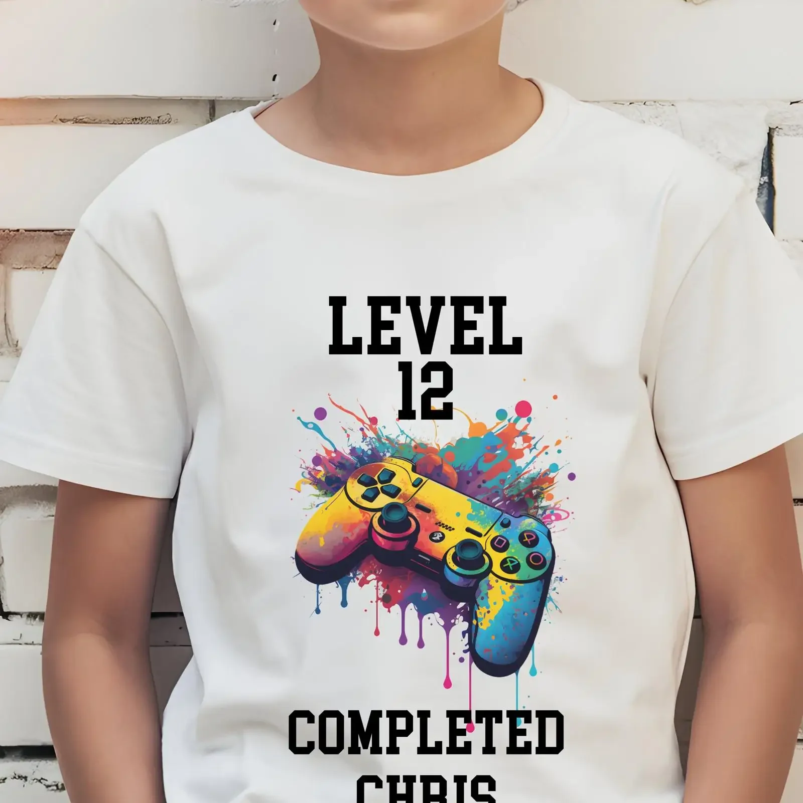 Level 12 Completed Gamer Birthday T Shirt for Boys Custom Name Video Game Controller  vintage Washed Top For Everyday Wear