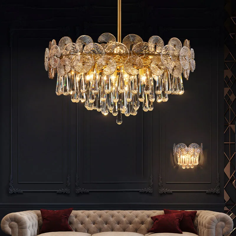 

New luxury light crystal chandelier - modern minimalist full copper elegant living room bedroom and dining room lighting fixture