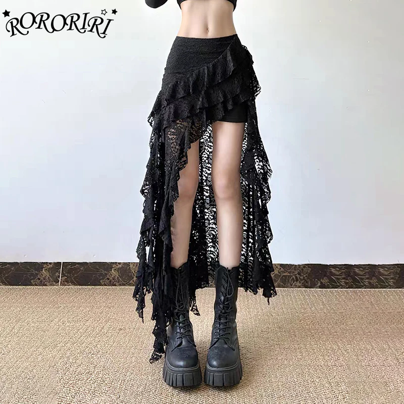 

RORORIRI Grayu Irregular Lace Trailing Mini Skirt Women Black Stretch Slim Flowy Belt Ruffle High-Low Skirt Retro Summer Clothes