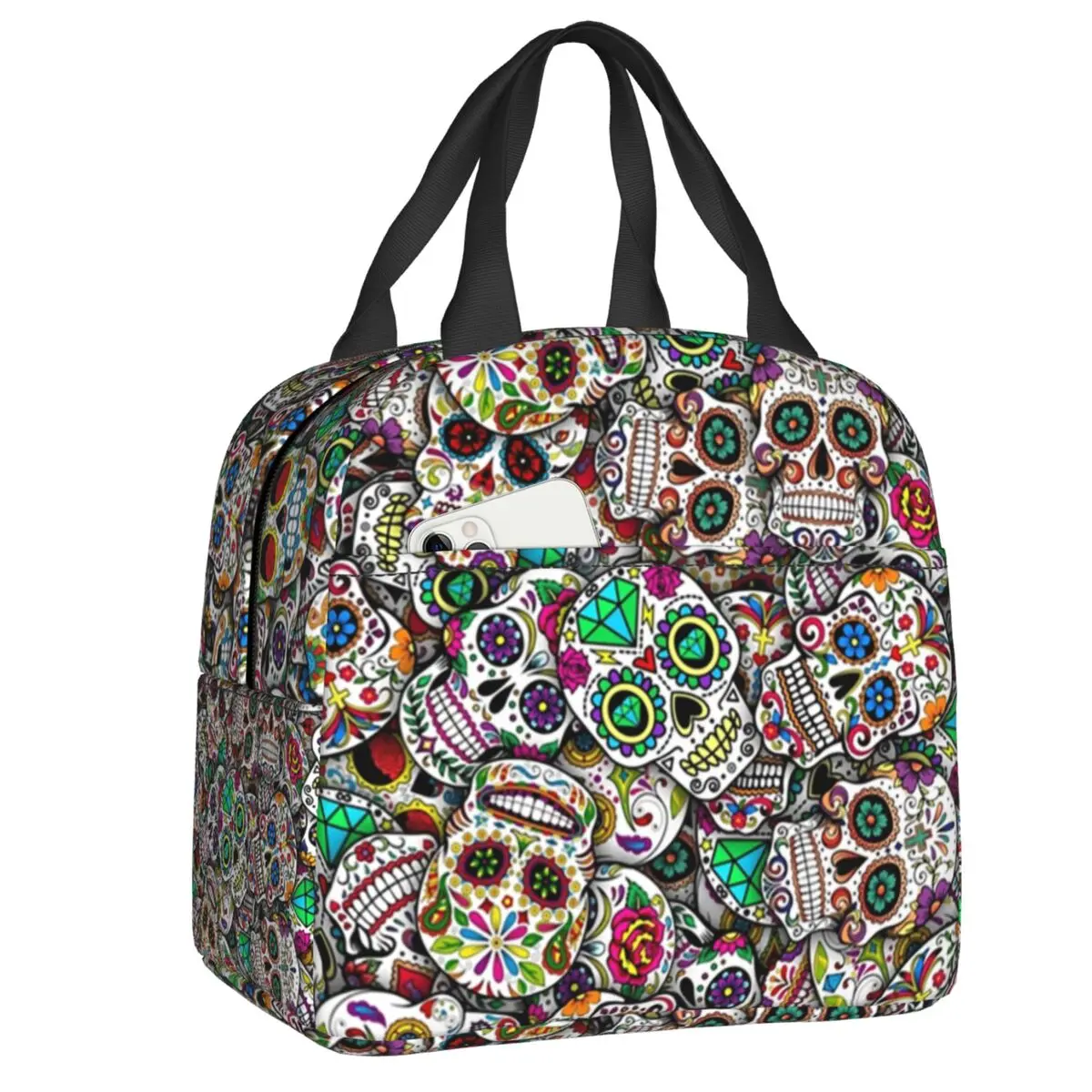

Custom Mexican Sugar Skulls Insulated Lunch Bag for School Office Day Of The Dead Art Portable Thermal Cooler Lunch Box Women