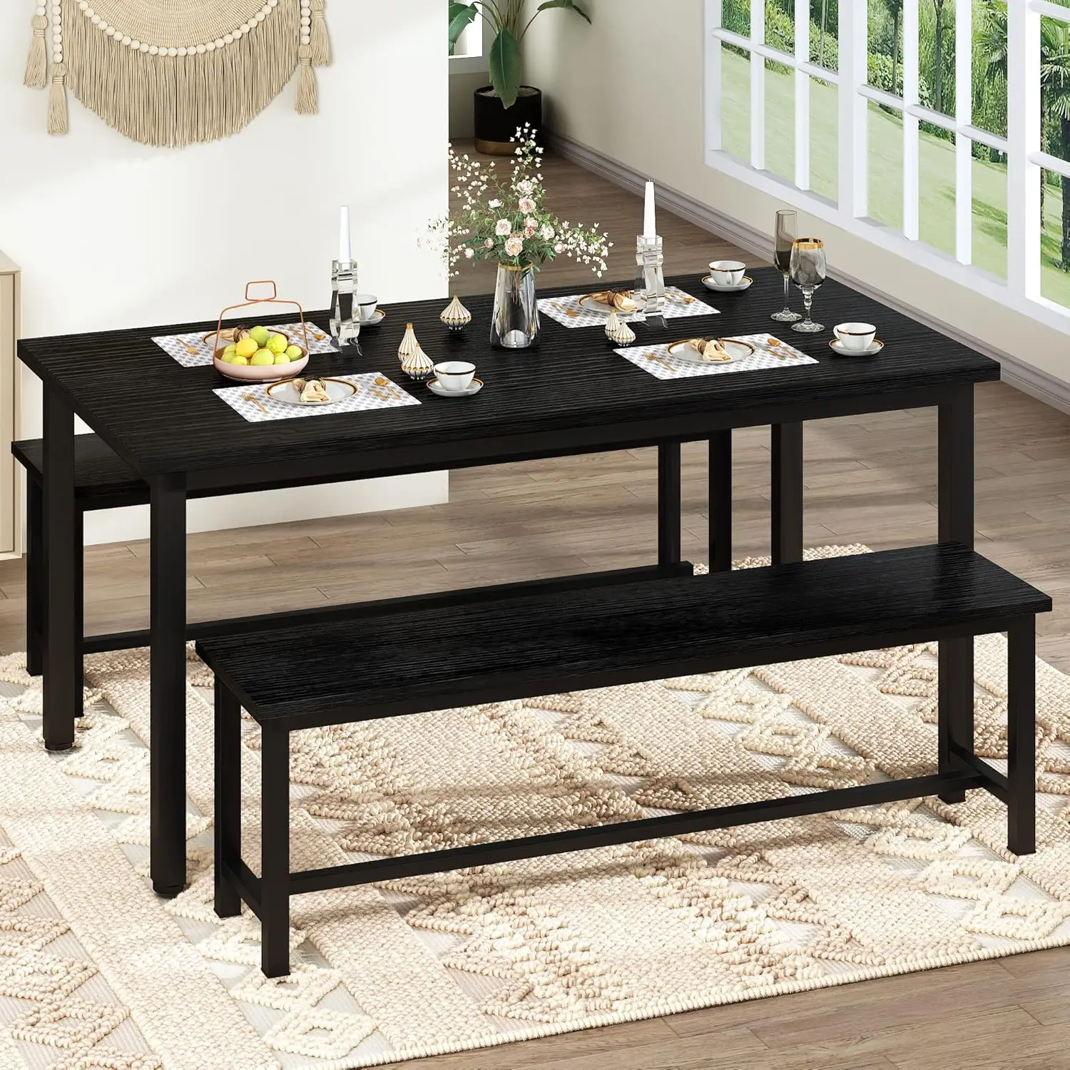 Kitchen Table Set with 2 Benches 4 Person Dining Room Table Set for Home Kitchen, Dining Room, Restaurant, Space Saving