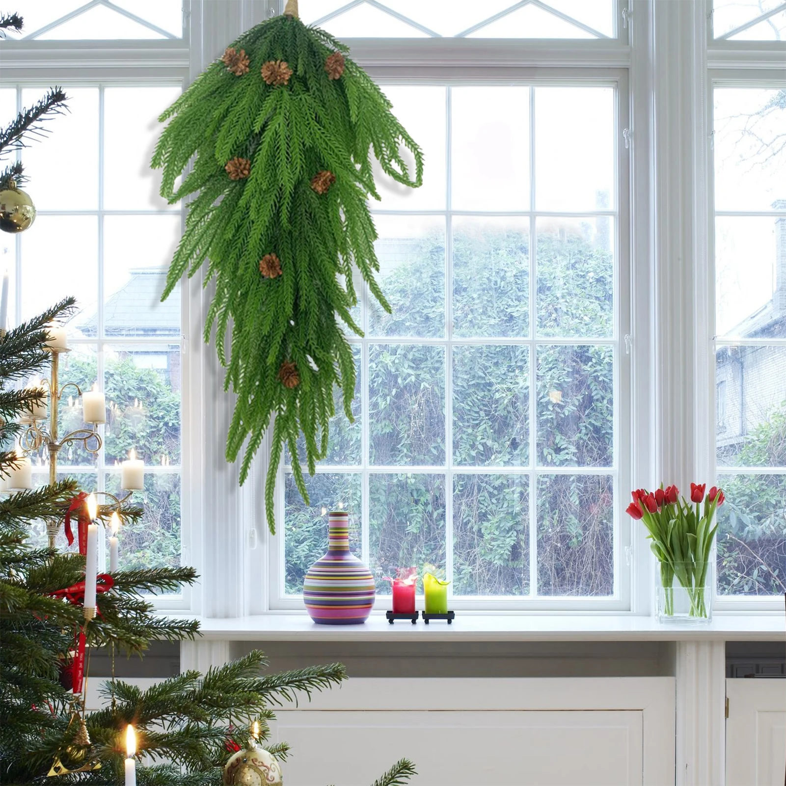 Natale artificiale ago di pino appeso a parete pianta porta Swag Teardrop verde ghirlanda regalo di festa fai da te ghirlanda di natale decorazioni per la casa