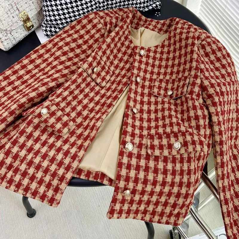 

Korean Fashion Tweed Cropped Jackets Women 2024 Spring Round Neck Small Fragrance Coat Female Single-Breasted Jacket Outerwear