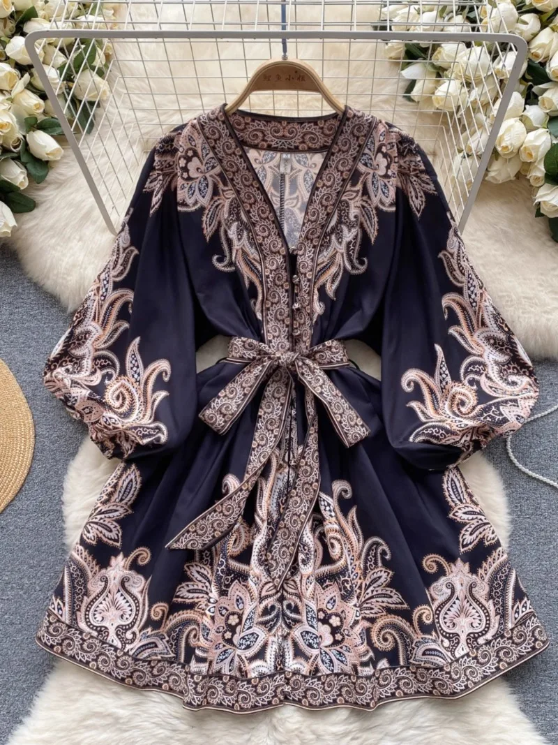 Elegant Robe Femme Floral Summer Dress for Women 2024 Vestidos De Mujer Bandage Tunic Lantern Sleeve Vintage Korean Dresses