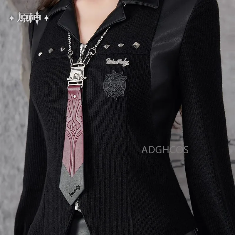 

Официальная вязаная рубашка из серии Genshin Impact Wriothesley Theme Impression с элементами из ПУ, завязками и заклепками, черно-красная, контрастная, для косплея на Хэллоуин, подарок