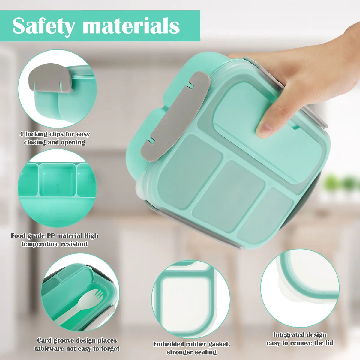 Bento Box 1300ML 4 Compartments Bento Box Sealed Leak-proof Meal Box Portable Food Container for Home Office School Camping