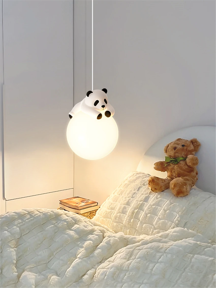 Modern Round Ball Cartoon Resin Panda Long Line Pendant Lamp Bedroom Bedside Hanging Lamp Dining Room Bar Counter Pendant Light