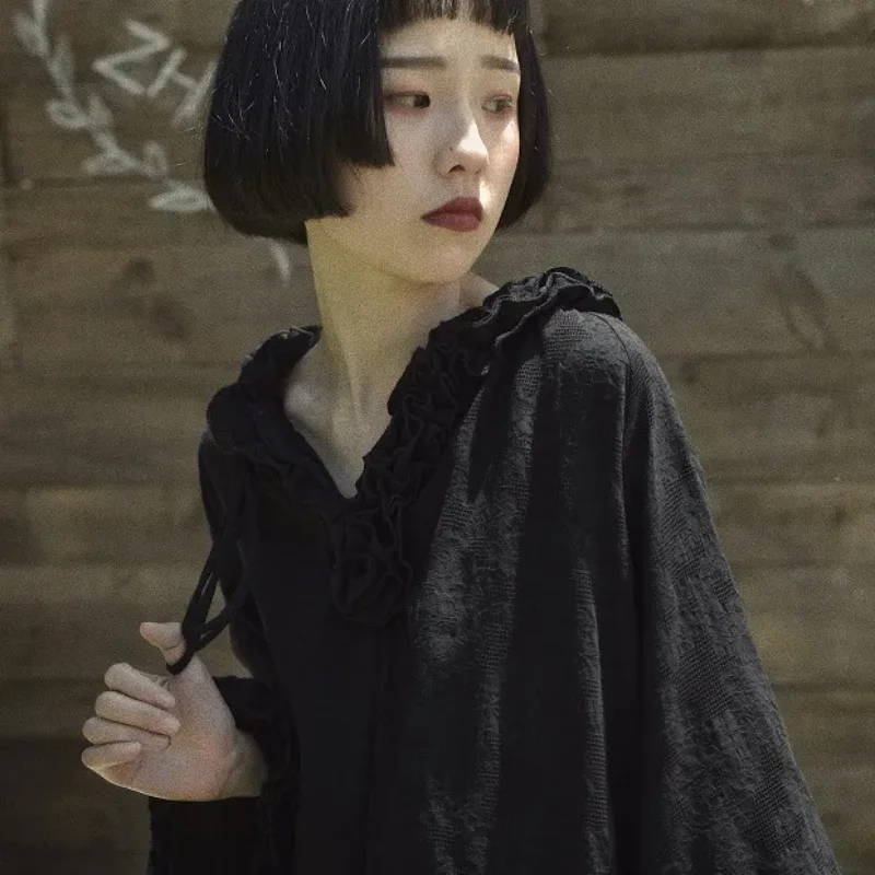 

Fungus Edged Little Black Retro Girly Dark Black Hepburn Style Dress New Spring Autumn Dress for Women