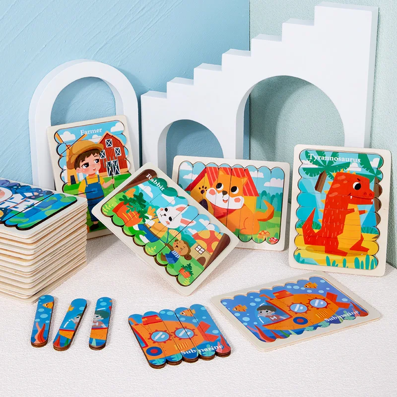 Puzzles d'animaux de dessin animé pour enfants, bande double face, jeu de puzzle Montessori, jouets en bois pour bébé dos