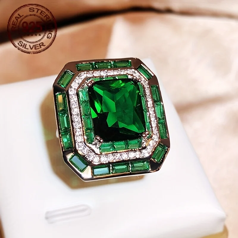 

Fashion Green Big Square Crystal Wedding Ring Jewelry for Women 925 Sterling Silver Cocktail Ring with Emerald Evening Jewellry