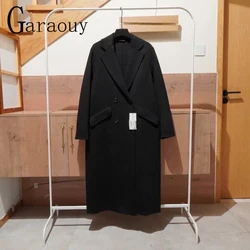 Casual Double-breasted Lapel Oversized Woolen Overcoat Women Chic Pockets Full Sleeve Coat 2024 New Autumn Lady Retro Streetwear