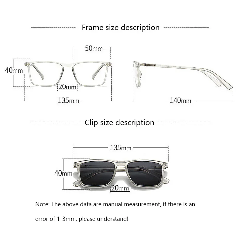 Myopia Transparent 6 In 1 Square Frame Polarized Optical Magnetic Sunglasses Clip on Magnet Prescription Custom Glasses Frame
