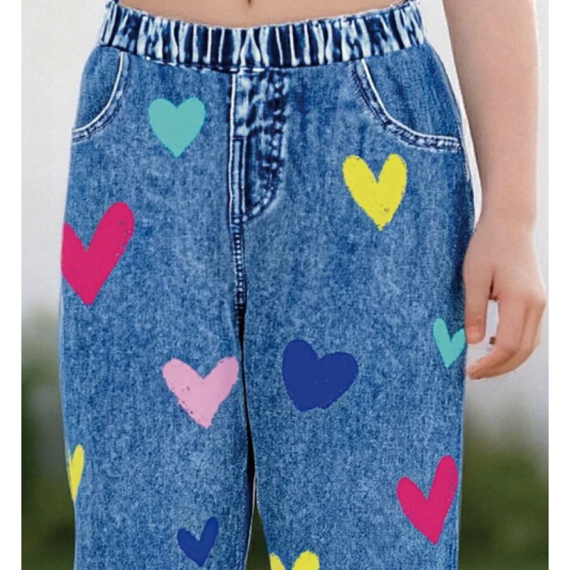 2025 Girls' Colorful Little Love Print, Spring and Autumn Children's Fashion Casual Imitation Denim Trousers