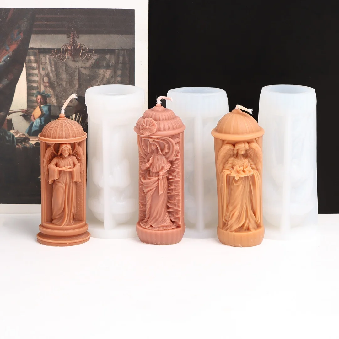 3D Religious Figure Silicone Candle Mould Vintage Column Angel Virgin Mary Statue Soy Wax Beeswax Casting Mold Renaissance Theme