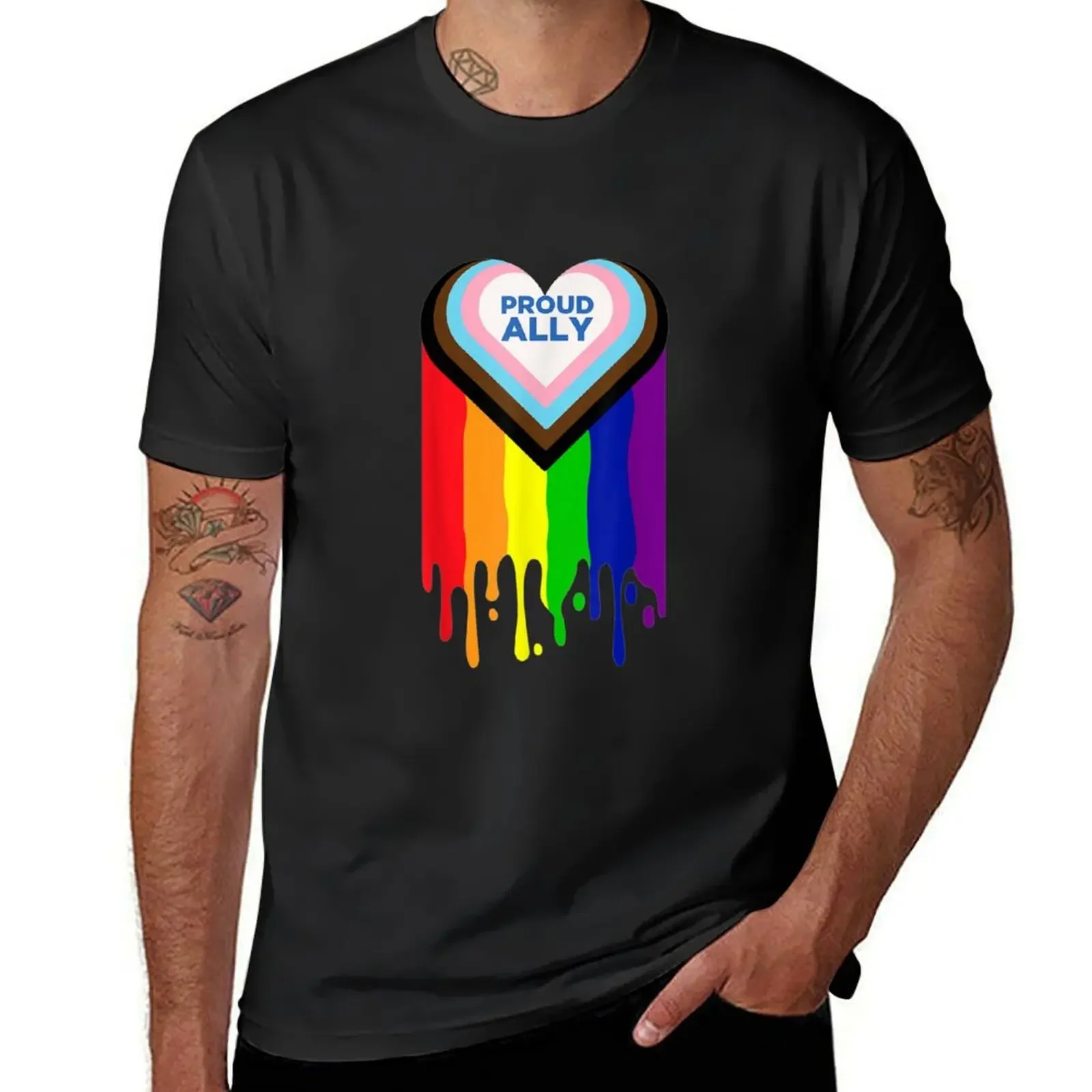 Proud Ally LGBTQ Progress Pride Flag Rainbow Love Dripping T-Shirt vintage graphic tee cute tops plain mens vintage t shirts