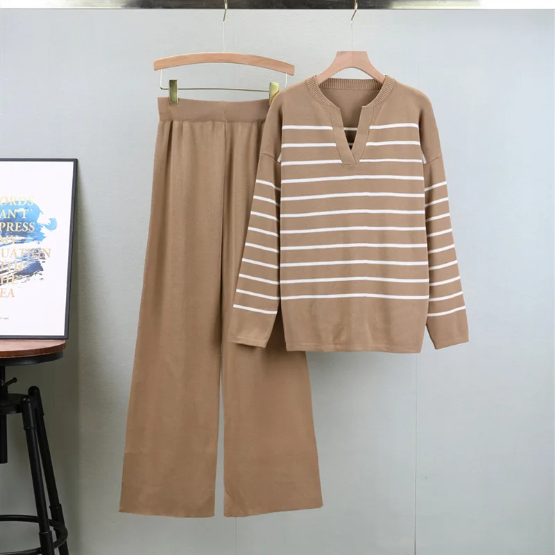 Striped Two Piece Sets Pant Set Women Knitted V Neck Full Sleeve Casual Tops Sweaters Wide Leg Long Pants Elastic Waist Autumn