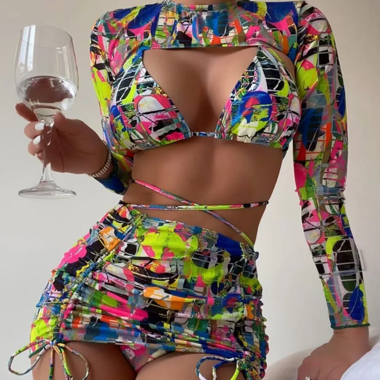 

New Sexy Drawsting Bikini Swimwear Women Push Up Bathing Suit Ruched 4 Piece Swimsuit Printed Beach Wear Maillot De Bain Femme