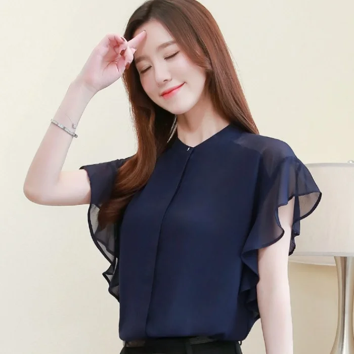 

Casual Women's Short Sleeve Shirt Spring Summer New Style Ruffle Design Chiffon Top Korean Style round Neck Button Placket