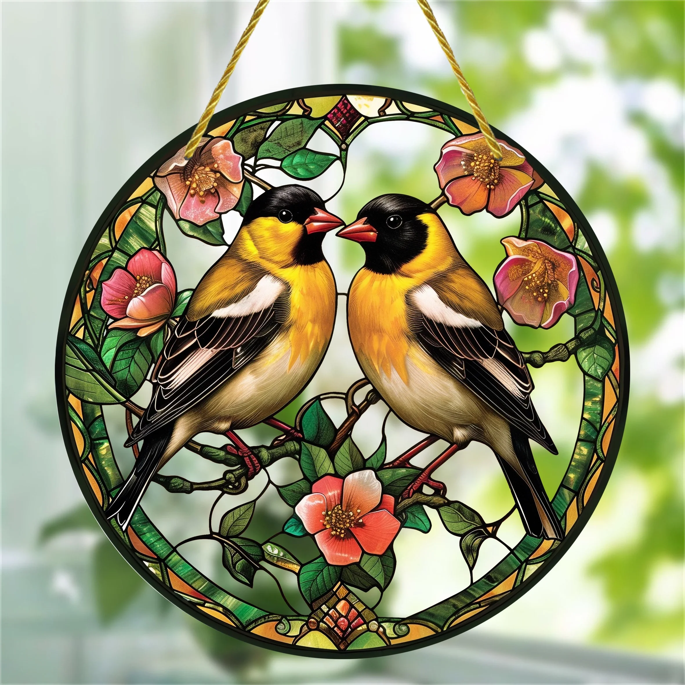 Goldfinch Sun Catcher Window Hanging, Acrylic Sign, Round Decor, Waterproof and Scratch Resistant, Bird Theme Room, Home Decor