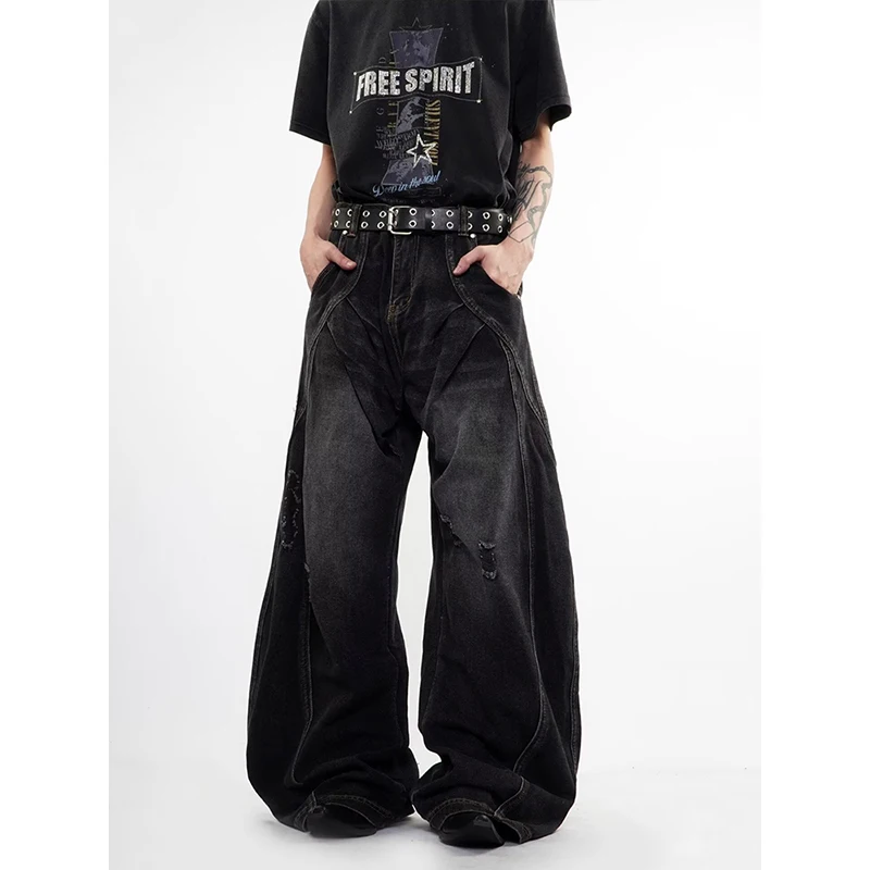 

Man's Black Baggy Jeans Y2k Gyaru Vintage Hiphop Grunge Punk Denim Trousers Oversize Straight Wide Leg Denim Pants