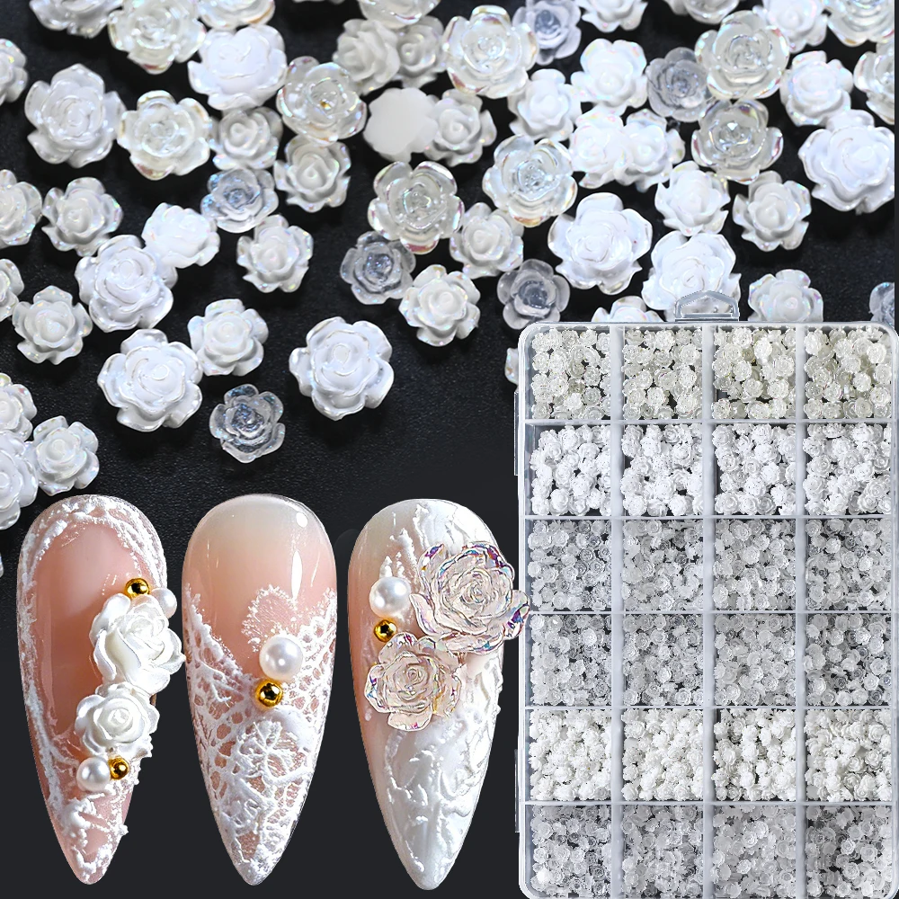 

Набор из 24 объемных 3D-роз для ногтей, переливающиеся белые цветочные украшения из смолы для свадебного маникюра и салонов красоты, материалы для DIY-маникюра*