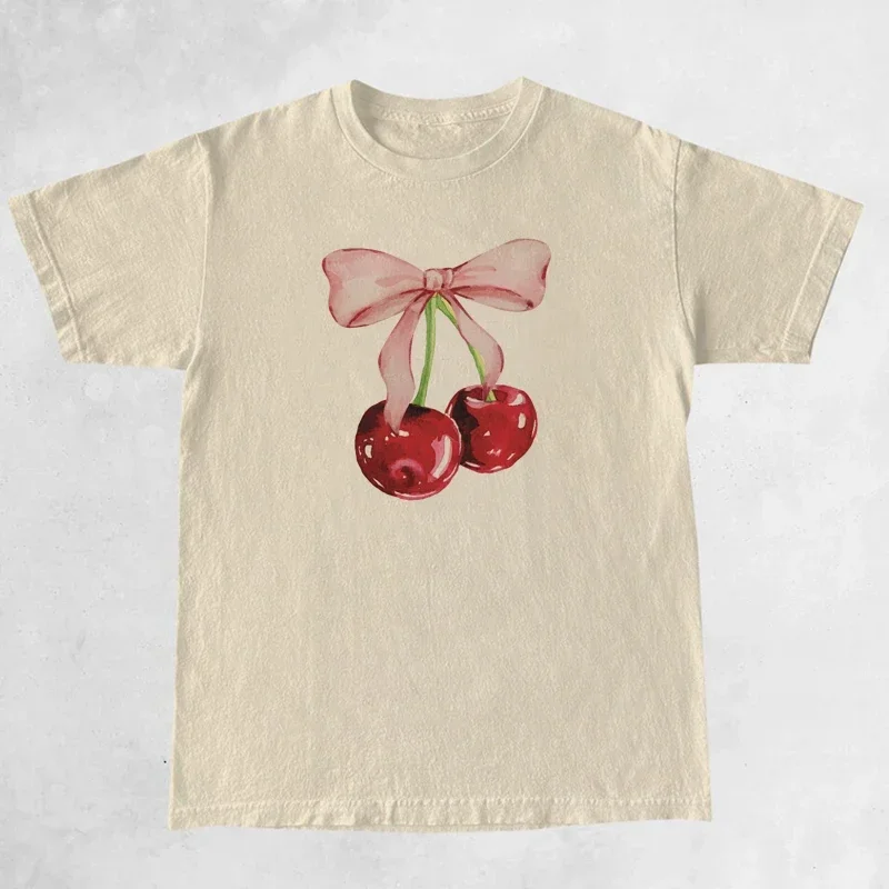 Cherry Bow Printed Women\'s Vintage T-Shirt Trendy Cute Coquette Tee Shirt Short Sleeve Cottagecore Aesthetic Tops Female Clothes