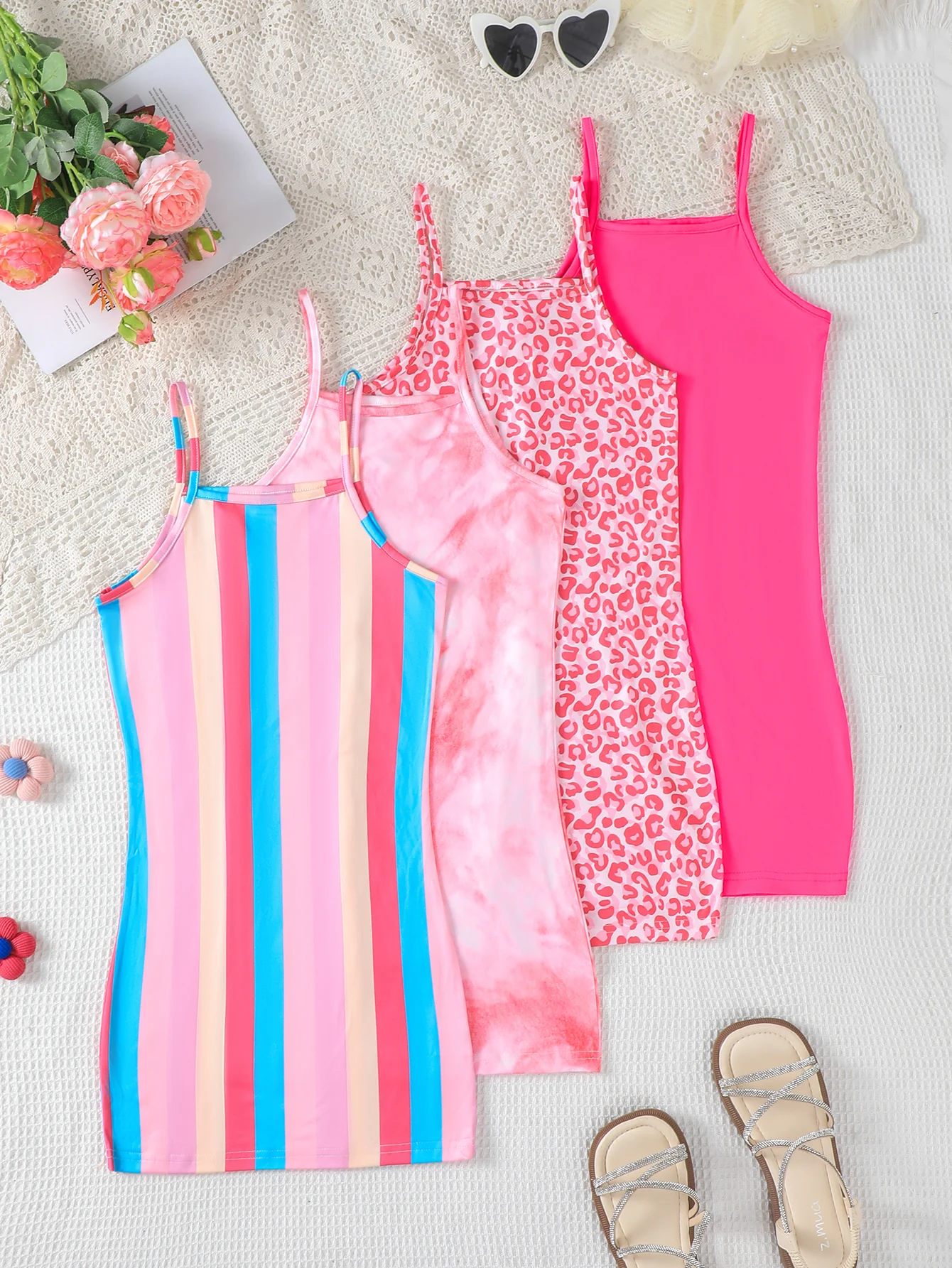Summer Children's Fashion Mix Color Halter Dress Set of 4 Outfits for Outdoor Scenarios Casual Daily Gatherings And Vacations