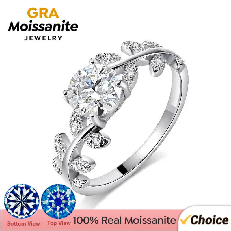 

GRA 1CT Certified Real Moissanite Diamond Leaf Round Ring for Women's Daily Anniversary Real 925 Sterling Silver Fine Jewelry