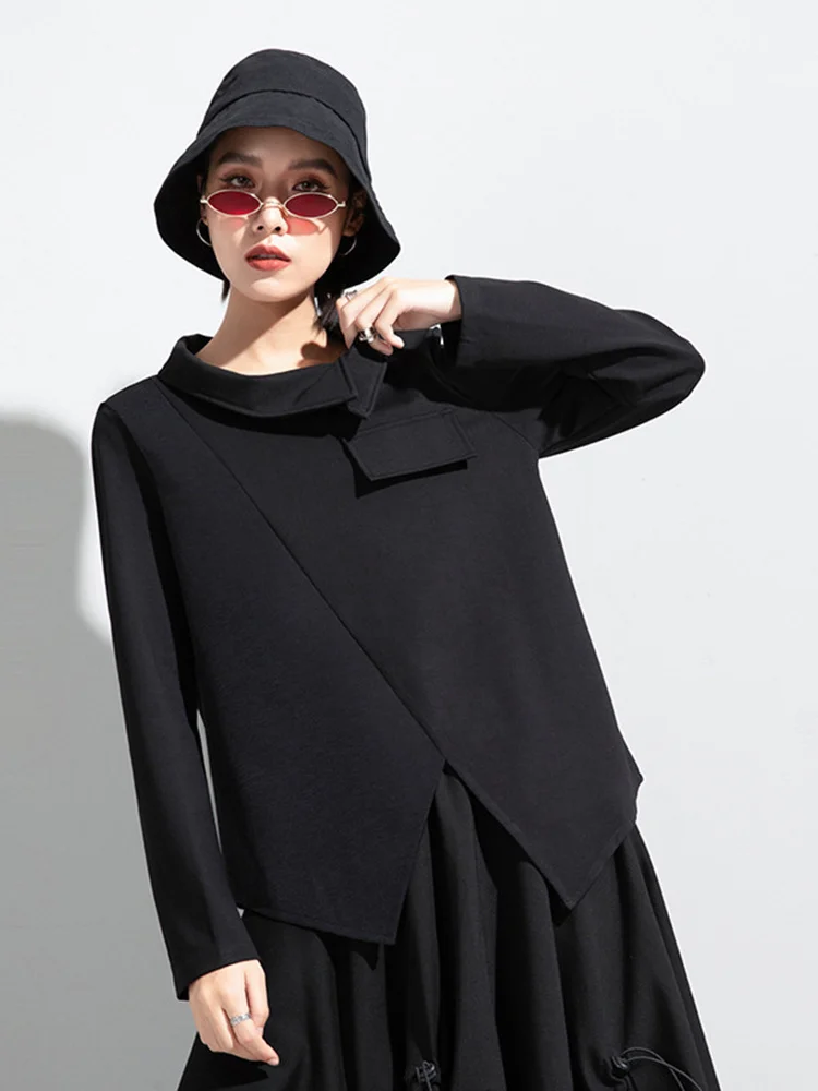 [EAM] Irregular Spliced Gray Big Size Loose Fit Sweatshirt New Lapel Long Sleeve Women Big Size Spring Autumn 2024 1DD0161