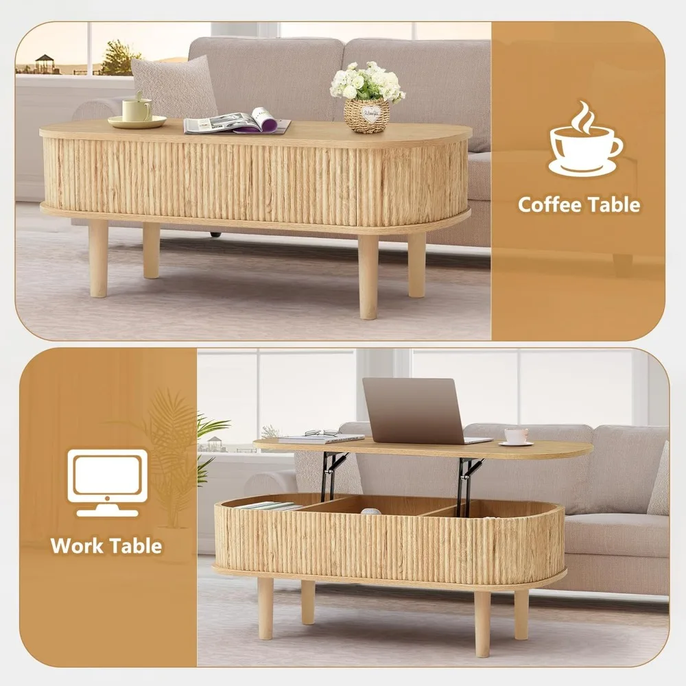 Mesa de centro elevable estriada con compartimento oculto, mesa central de madera completamente ensamblada, mesa elevadora ovalada moderna para el hogar Li