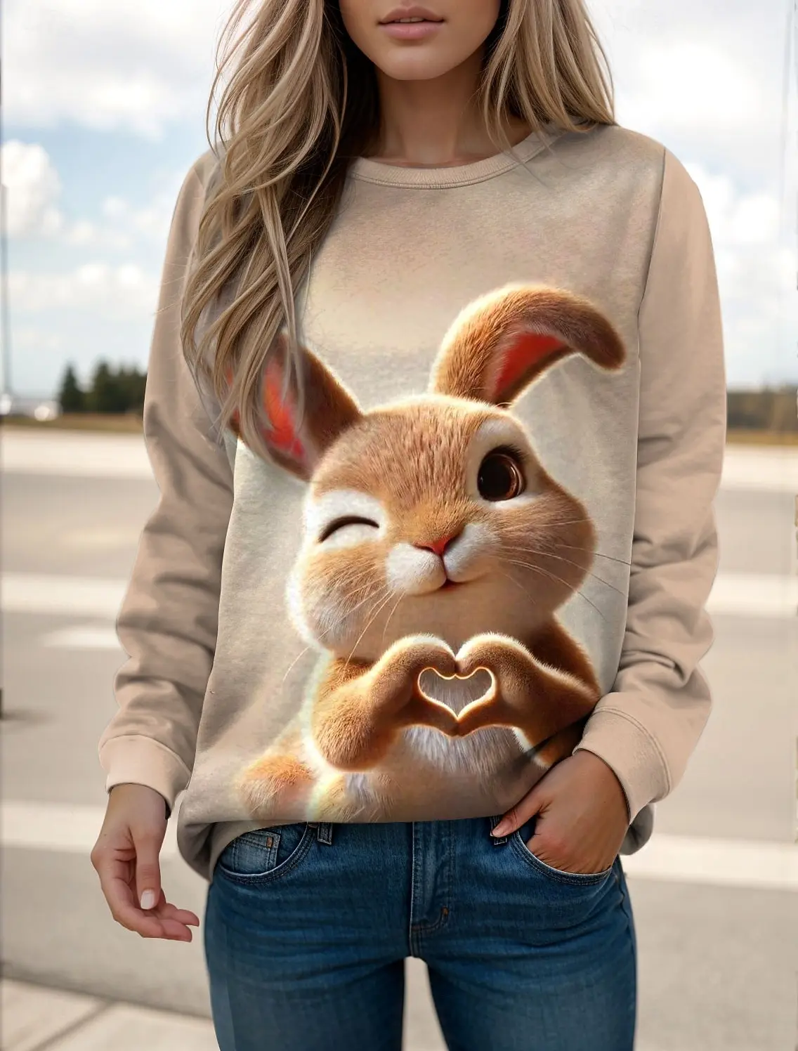 أزياء المرأة لطيف أرنب الجرافيك بلوزات 3D طباعة س الرقبة طويلة الأكمام قمم الملابس النسائية Y2K الشارع الشهير الخريف البلوز