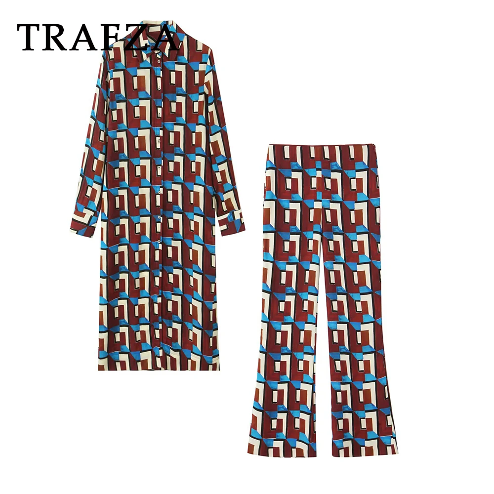 

TRAFZA 2025 Print Women Casual Suits Single Breasted Straight Long Shirt+Zipper Slim Flare Pants Fashion Spring Female Suits