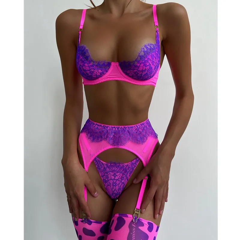 

Women Purple Lace Star Embroidered Underwear Sets Womens Summer Fashion Sexy Lace Up Strap Underwear Underwear 3-piece Set