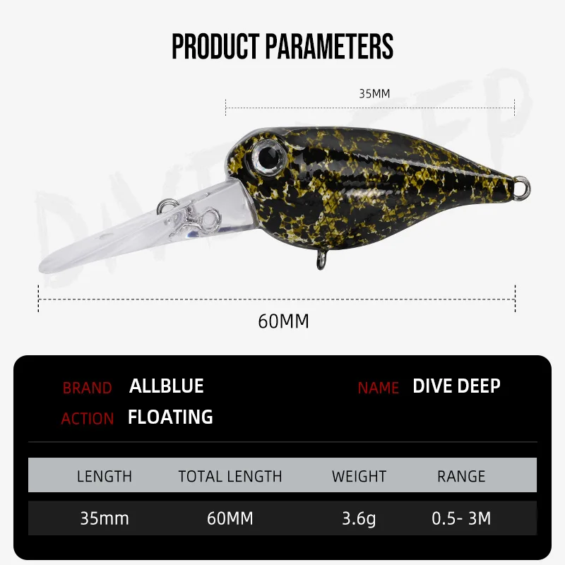 ALLBLUE Dive Deep Crankbait 3.6g 35mm BFS Trout Bass Floating Wobbler Fishing Lure Freshwater Crank Artificial Hard Bait Tackle