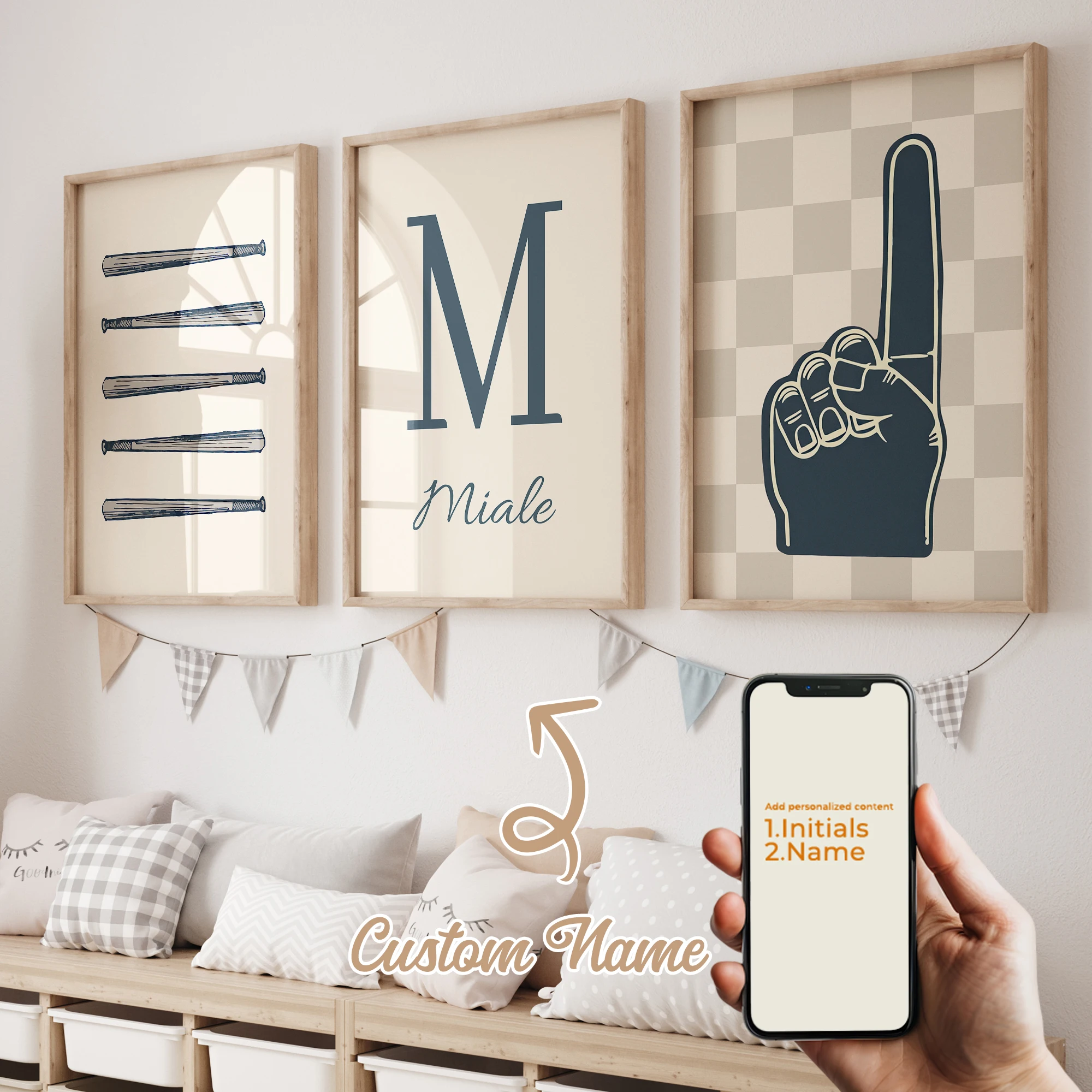 3 uds. Nombre personalizado, bonito palo de béisbol de dibujos animados, imagen artística de pared impresa para sala de estar, habitación de niños, regalo de decoración del hogar