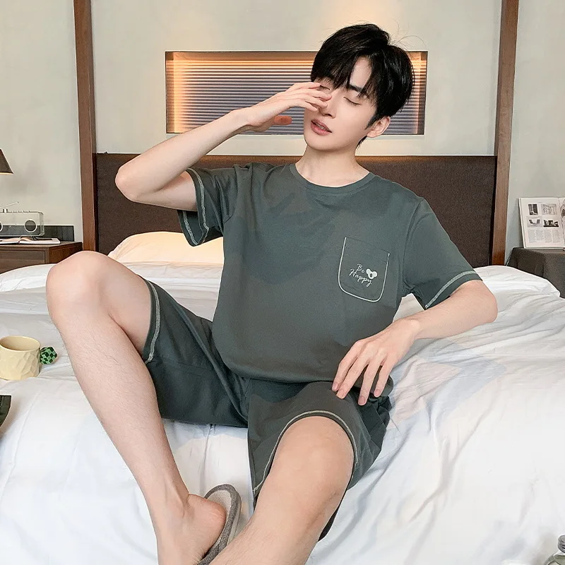 Korean Fashion Cotton Nightwear Men's Summer Short Sleeves Shorts Pajamas Set Home Clothes Young Boy 3XL Loungewear Hombre