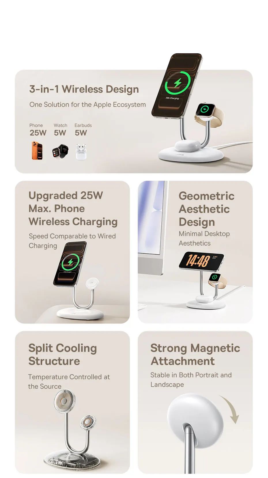 Baseus 3-in-1 Qi2 Magnetic Wireless Charger Stand 25W
