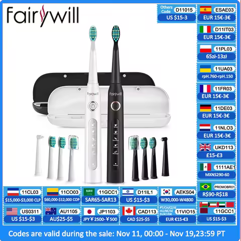Fairywill Sonic Electric Toothbrush FW-D7 set USB Charge Toothbrushes case for Adult with tooth brush Heads 5 Mode Smart Time